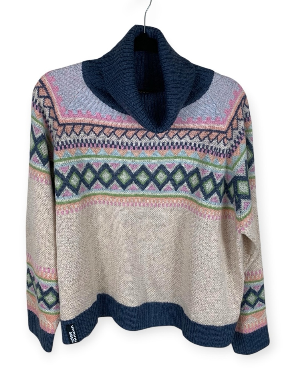 Women's Notice the Reckless Blue Pink Fair Isle Long Sleeve Turtleneck Sweater L